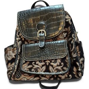 Vintage Tapestry Mini Backpack Gold Floral Damask Faux Croc Leather Black Buckle